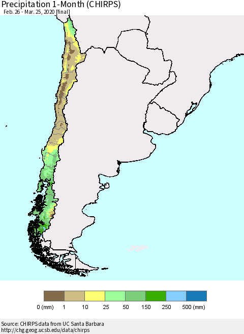 Chile Precipitation 1-Month (CHIRPS) Thematic Map For 2/26/2020 - 3/25/2020