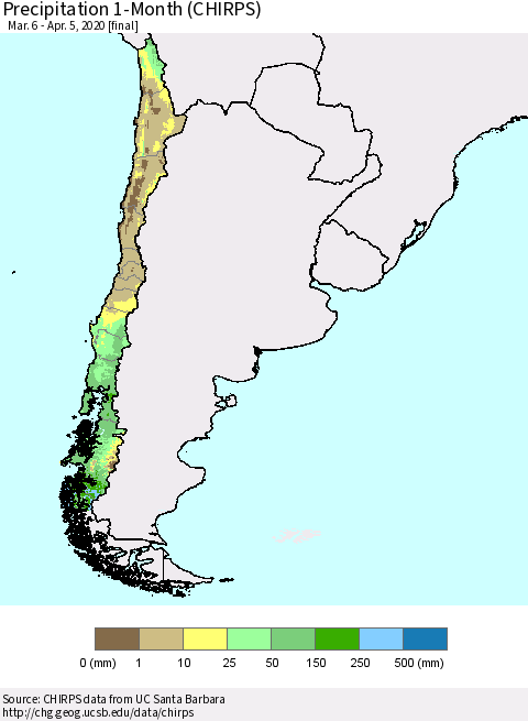 Chile Precipitation 1-Month (CHIRPS) Thematic Map For 3/6/2020 - 4/5/2020