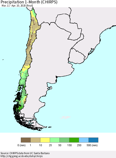 Chile Precipitation 1-Month (CHIRPS) Thematic Map For 3/11/2020 - 4/10/2020