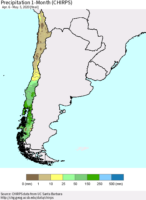 Chile Precipitation 1-Month (CHIRPS) Thematic Map For 4/6/2020 - 5/5/2020