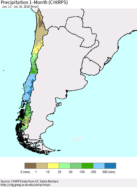 Chile Precipitation 1-Month (CHIRPS) Thematic Map For 6/11/2020 - 7/10/2020