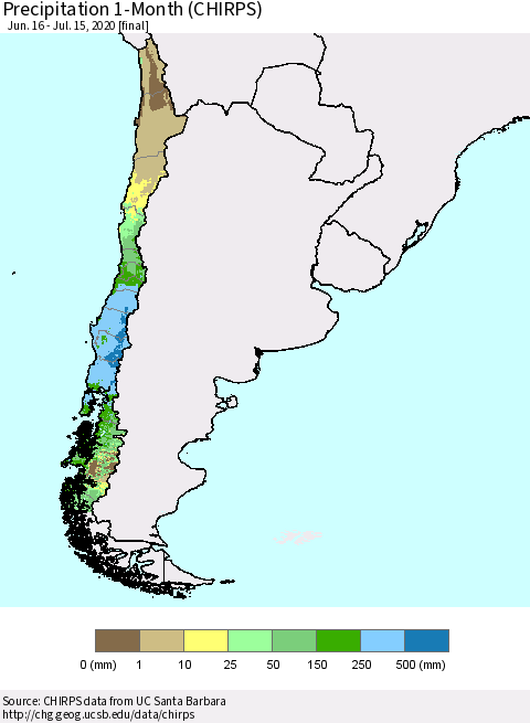 Chile Precipitation 1-Month (CHIRPS) Thematic Map For 6/16/2020 - 7/15/2020