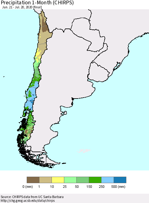 Chile Precipitation 1-Month (CHIRPS) Thematic Map For 6/21/2020 - 7/20/2020