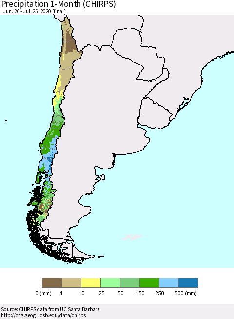 Chile Precipitation 1-Month (CHIRPS) Thematic Map For 6/26/2020 - 7/25/2020