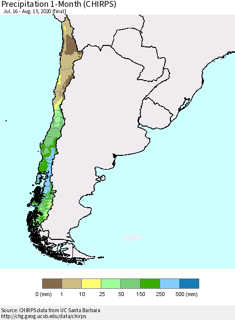 Chile Precipitation 1-Month (CHIRPS) Thematic Map For 7/16/2020 - 8/15/2020