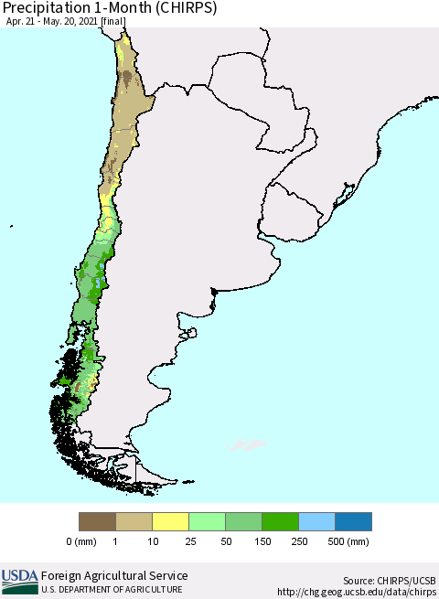 Chile Precipitation 1-Month (CHIRPS) Thematic Map For 4/21/2021 - 5/20/2021