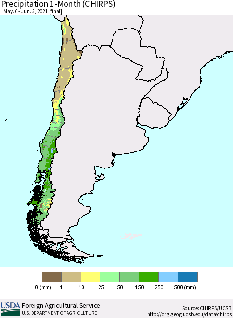Chile Precipitation 1-Month (CHIRPS) Thematic Map For 5/6/2021 - 6/5/2021