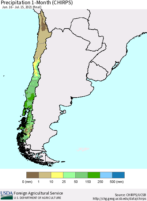 Chile Precipitation 1-Month (CHIRPS) Thematic Map For 6/16/2021 - 7/15/2021