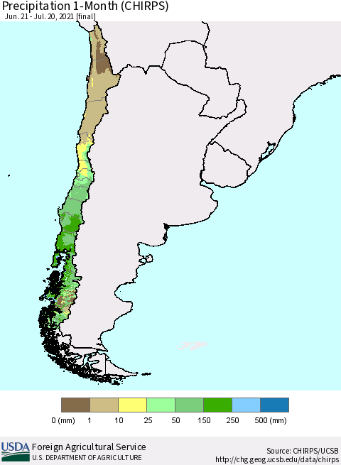 Chile Precipitation 1-Month (CHIRPS) Thematic Map For 6/21/2021 - 7/20/2021