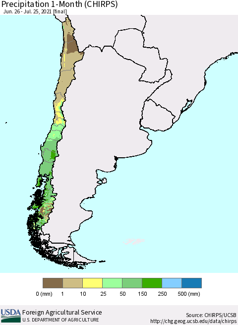 Chile Precipitation 1-Month (CHIRPS) Thematic Map For 6/26/2021 - 7/25/2021