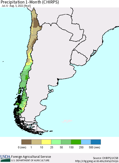 Chile Precipitation 1-Month (CHIRPS) Thematic Map For 7/6/2021 - 8/5/2021