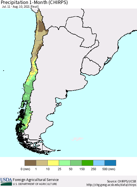 Chile Precipitation 1-Month (CHIRPS) Thematic Map For 7/11/2021 - 8/10/2021