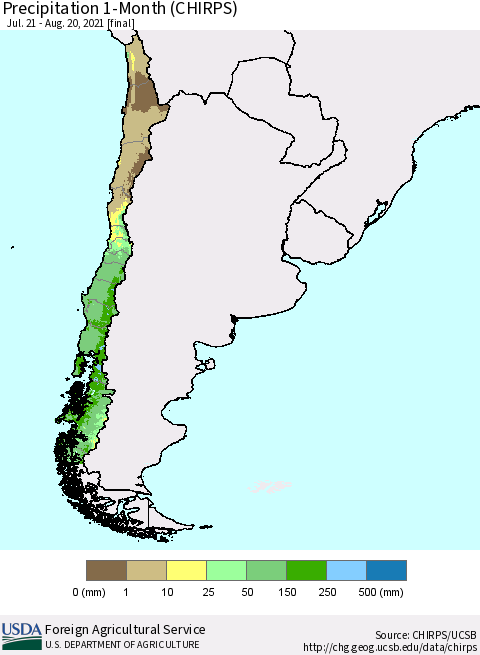 Chile Precipitation 1-Month (CHIRPS) Thematic Map For 7/21/2021 - 8/20/2021