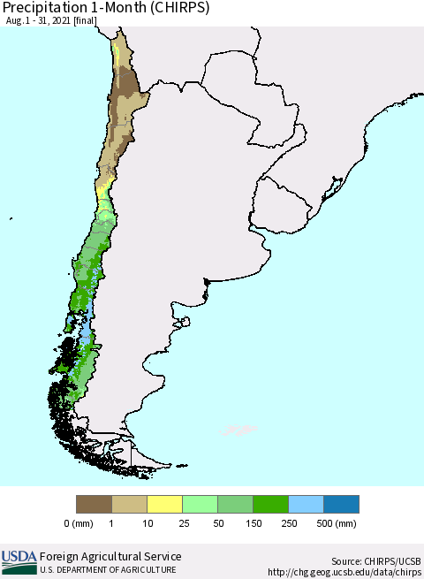 Chile Precipitation 1-Month (CHIRPS) Thematic Map For 8/1/2021 - 8/31/2021