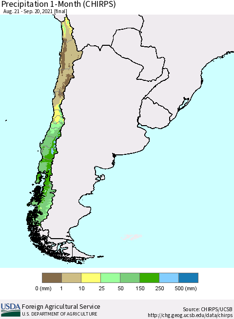 Chile Precipitation 1-Month (CHIRPS) Thematic Map For 8/21/2021 - 9/20/2021