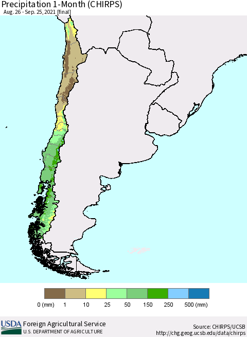 Chile Precipitation 1-Month (CHIRPS) Thematic Map For 8/26/2021 - 9/25/2021