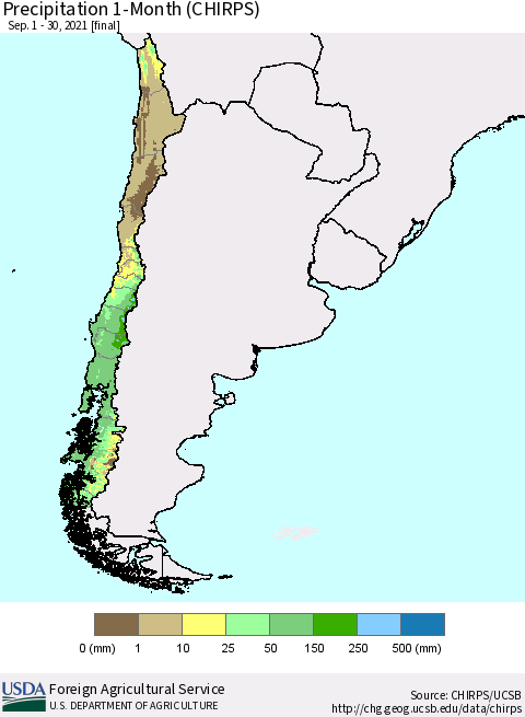 Chile Precipitation 1-Month (CHIRPS) Thematic Map For 9/1/2021 - 9/30/2021