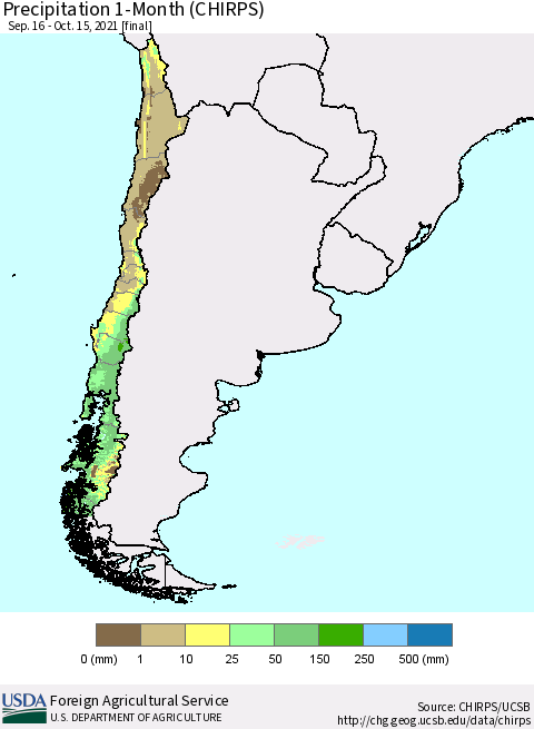 Chile Precipitation 1-Month (CHIRPS) Thematic Map For 9/16/2021 - 10/15/2021