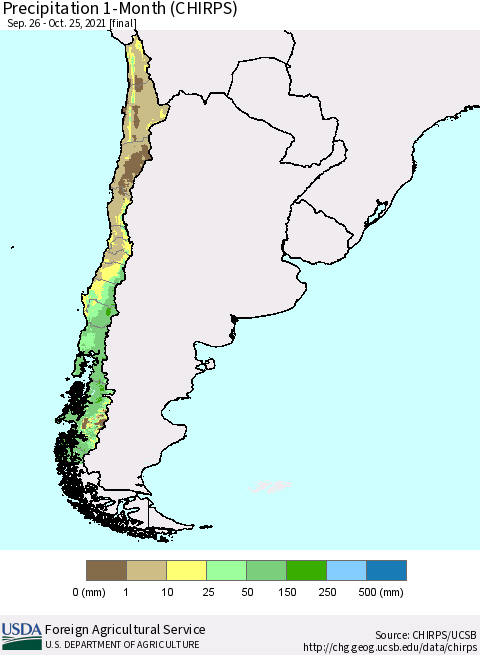 Chile Precipitation 1-Month (CHIRPS) Thematic Map For 9/26/2021 - 10/25/2021