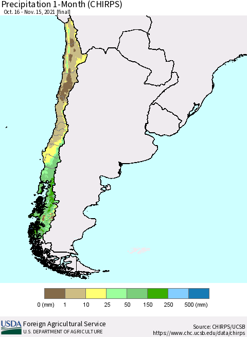 Chile Precipitation 1-Month (CHIRPS) Thematic Map For 10/16/2021 - 11/15/2021