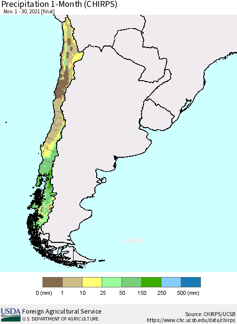 Chile Precipitation 1-Month (CHIRPS) Thematic Map For 11/1/2021 - 11/30/2021