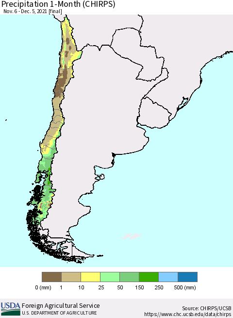 Chile Precipitation 1-Month (CHIRPS) Thematic Map For 11/6/2021 - 12/5/2021