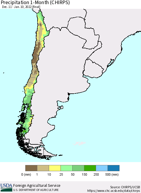 Chile Precipitation 1-Month (CHIRPS) Thematic Map For 12/11/2021 - 1/10/2022
