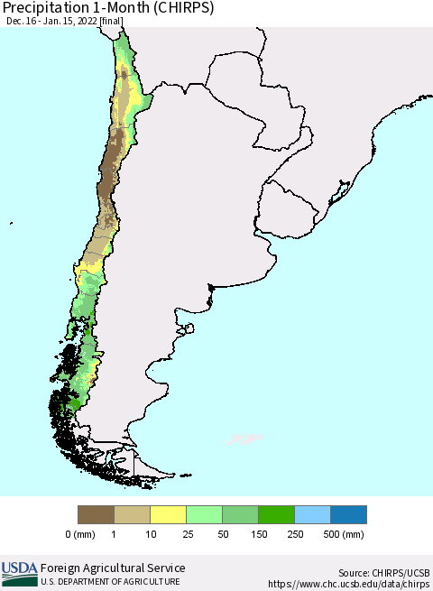 Chile Precipitation 1-Month (CHIRPS) Thematic Map For 12/16/2021 - 1/15/2022