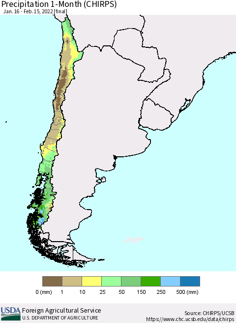 Chile Precipitation 1-Month (CHIRPS) Thematic Map For 1/16/2022 - 2/15/2022