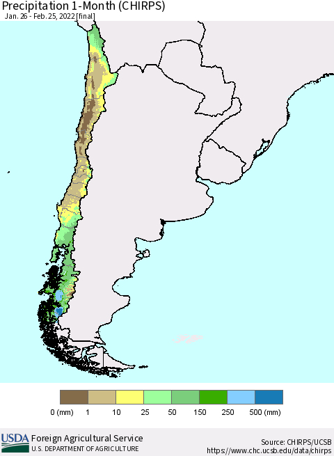 Chile Precipitation 1-Month (CHIRPS) Thematic Map For 1/26/2022 - 2/25/2022