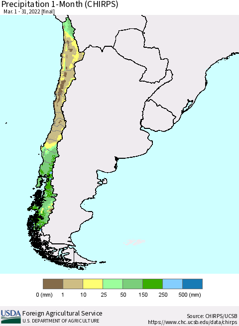 Chile Precipitation 1-Month (CHIRPS) Thematic Map For 3/1/2022 - 3/31/2022