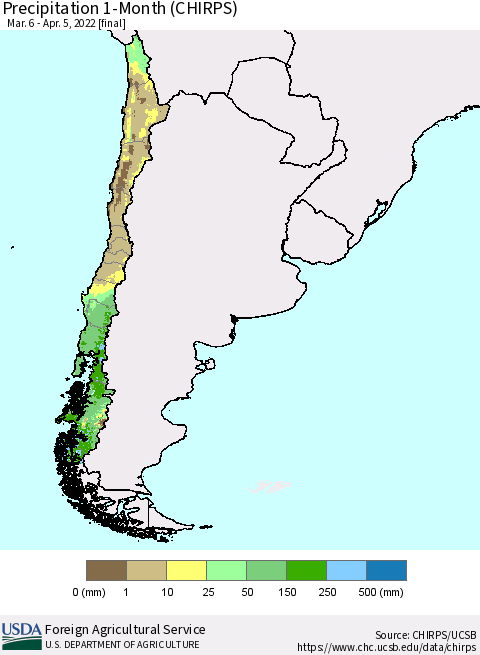 Chile Precipitation 1-Month (CHIRPS) Thematic Map For 3/6/2022 - 4/5/2022