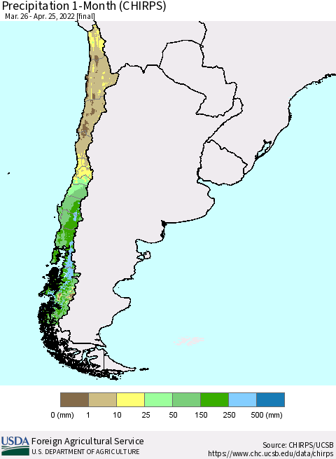 Chile Precipitation 1-Month (CHIRPS) Thematic Map For 3/26/2022 - 4/25/2022