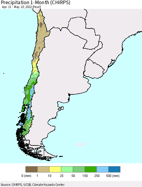 Chile Precipitation 1-Month (CHIRPS) Thematic Map For 4/11/2022 - 5/10/2022