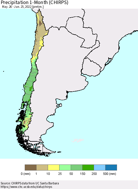 Chile Precipitation 1-Month (CHIRPS) Thematic Map For 5/26/2022 - 6/25/2022