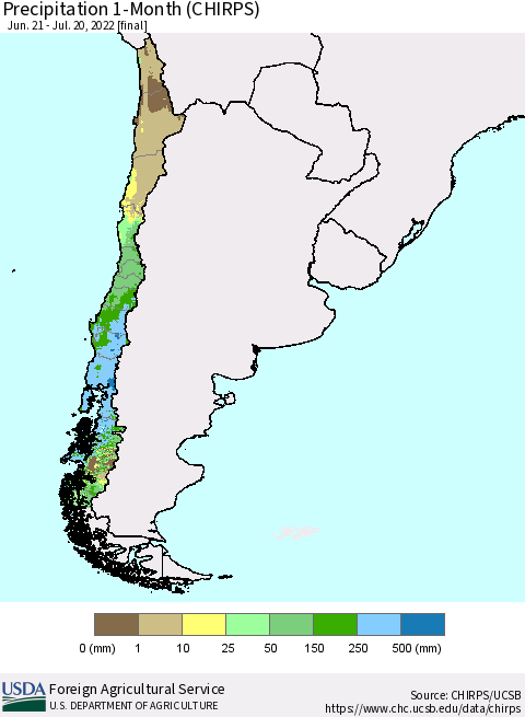 Chile Precipitation 1-Month (CHIRPS) Thematic Map For 6/21/2022 - 7/20/2022