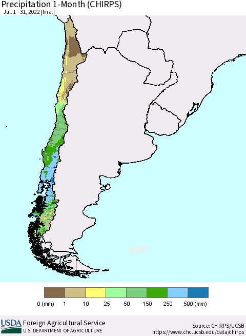 Chile Precipitation 1-Month (CHIRPS) Thematic Map For 7/1/2022 - 7/31/2022
