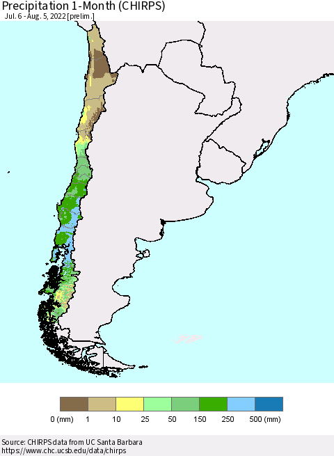 Chile Precipitation 1-Month (CHIRPS) Thematic Map For 7/6/2022 - 8/5/2022