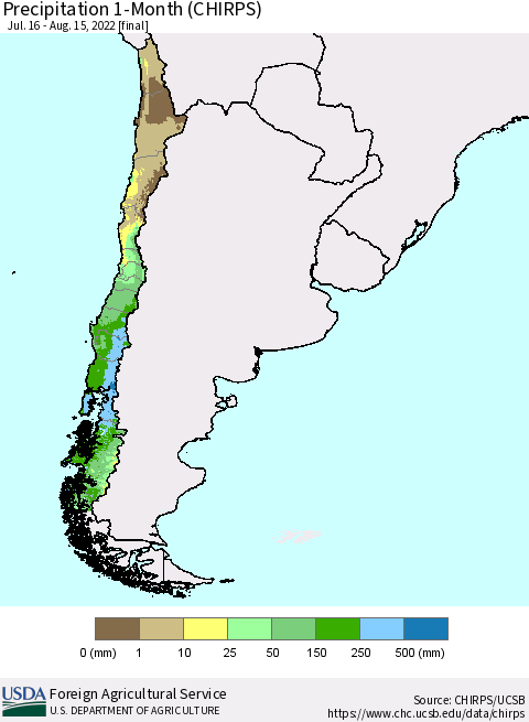 Chile Precipitation 1-Month (CHIRPS) Thematic Map For 7/16/2022 - 8/15/2022
