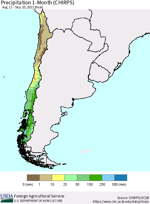 Chile Precipitation 1-Month (CHIRPS) Thematic Map For 8/11/2022 - 9/10/2022
