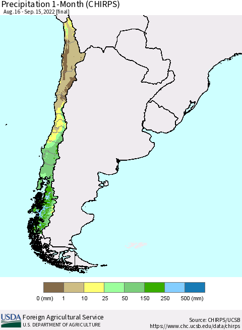Chile Precipitation 1-Month (CHIRPS) Thematic Map For 8/16/2022 - 9/15/2022