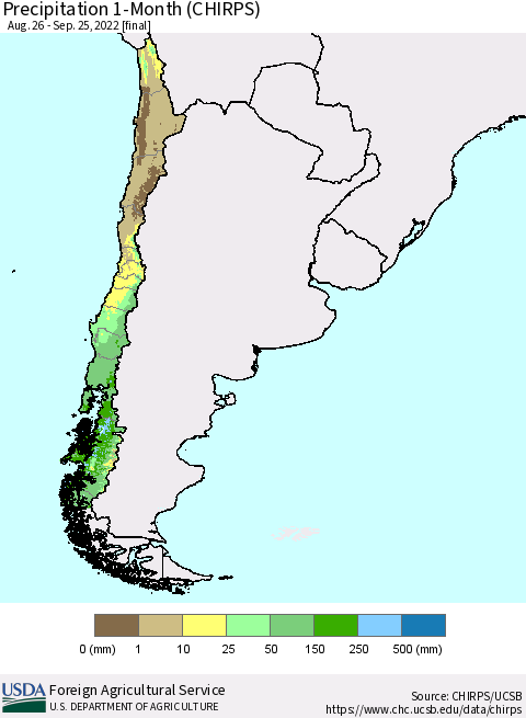 Chile Precipitation 1-Month (CHIRPS) Thematic Map For 8/26/2022 - 9/25/2022