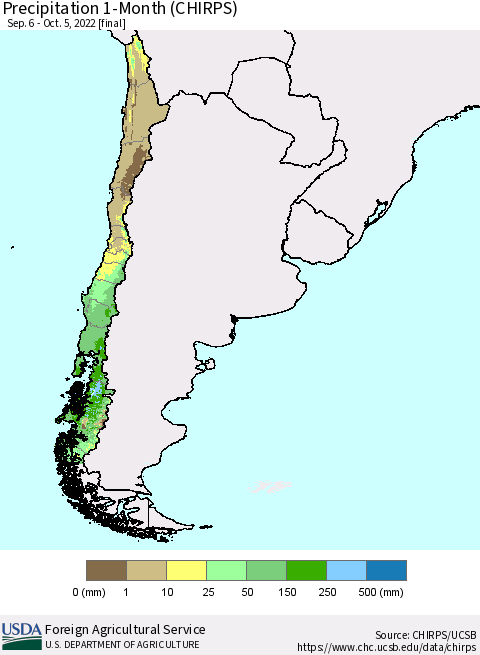 Chile Precipitation 1-Month (CHIRPS) Thematic Map For 9/6/2022 - 10/5/2022