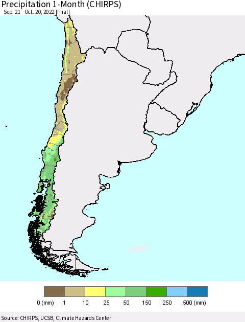 Chile Precipitation 1-Month (CHIRPS) Thematic Map For 9/21/2022 - 10/20/2022