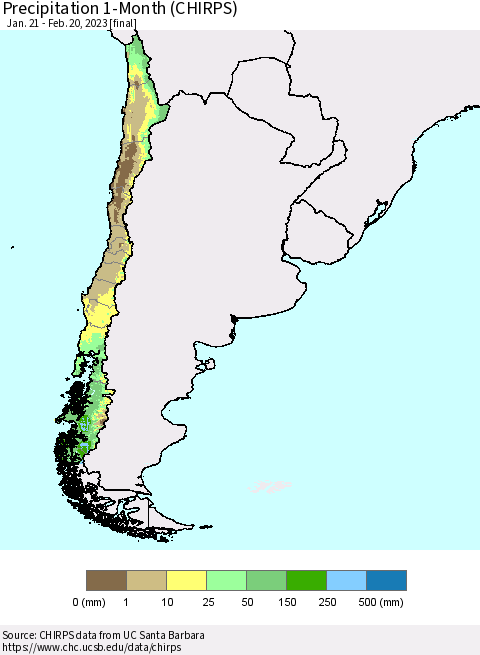 Chile Precipitation 1-Month (CHIRPS) Thematic Map For 1/21/2023 - 2/20/2023