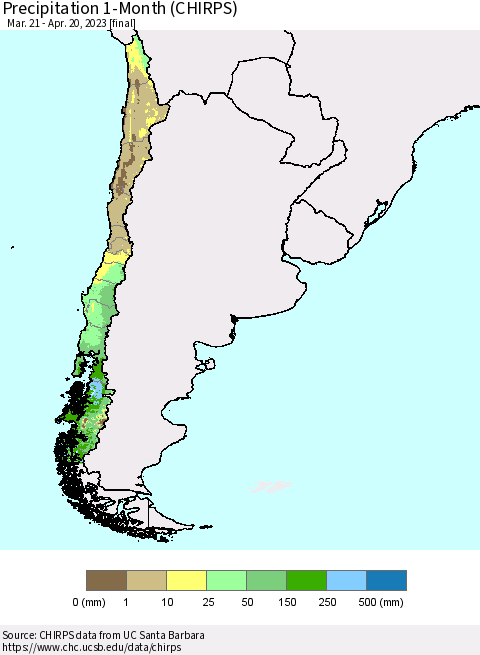 Chile Precipitation 1-Month (CHIRPS) Thematic Map For 3/21/2023 - 4/20/2023