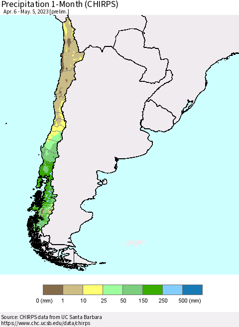 Chile Precipitation 1-Month (CHIRPS) Thematic Map For 4/6/2023 - 5/5/2023