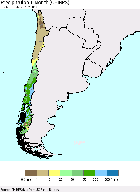 Chile Precipitation 1-Month (CHIRPS) Thematic Map For 6/11/2023 - 7/10/2023