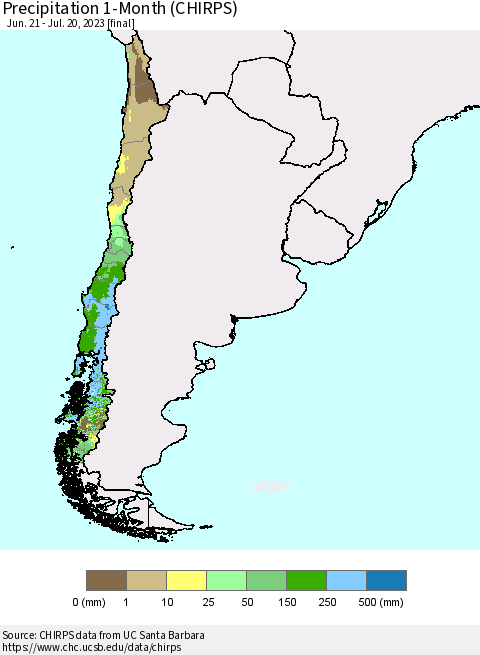 Chile Precipitation 1-Month (CHIRPS) Thematic Map For 6/21/2023 - 7/20/2023