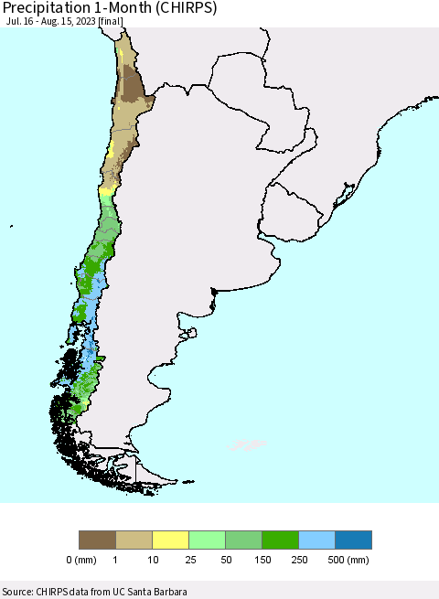Chile Precipitation 1-Month (CHIRPS) Thematic Map For 7/16/2023 - 8/15/2023